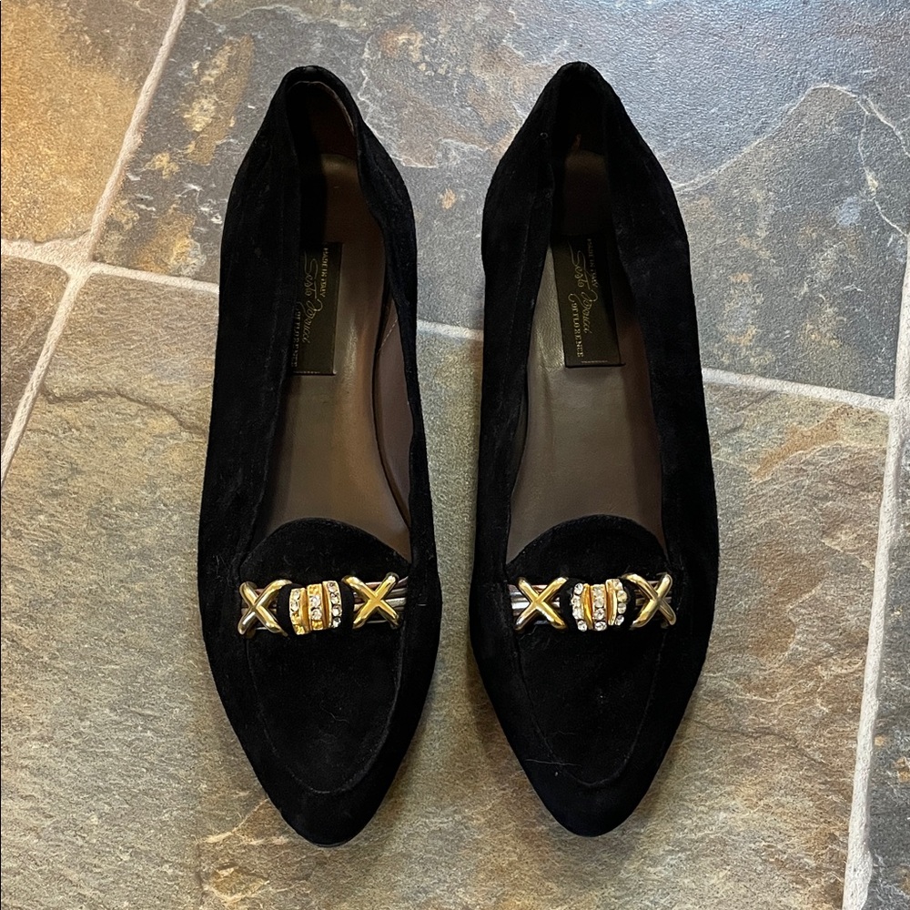 Sesto Meucci Suede Loafers with Gold and Crystal Accents